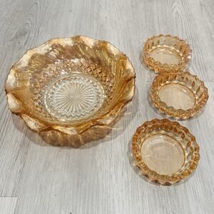 Vintage Amber Pressed Glass Serving Bowls, Scalloped Edge And 3 Pc 3” Set
